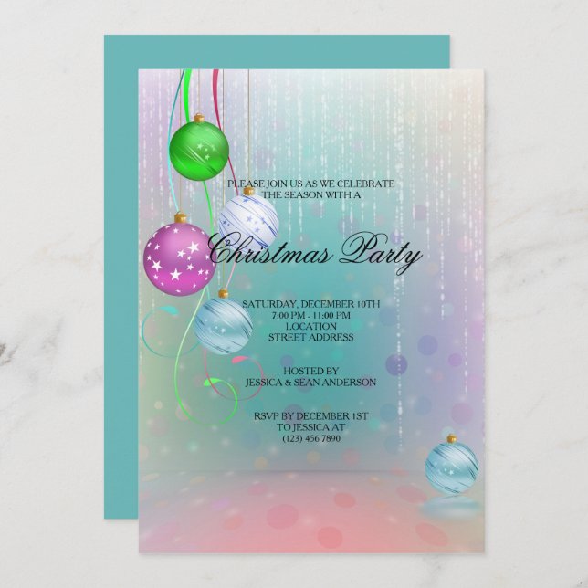 Coloured Baubles & Decorations Christmas Party Invitation (Front/Back)