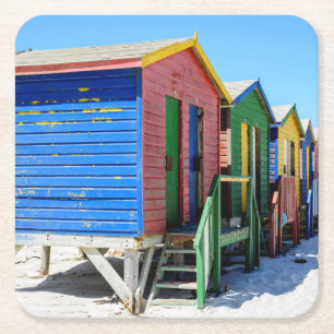 Coloured Beach Huts Square Paper Coaster