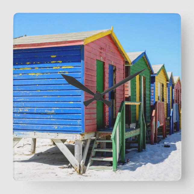 Coloured Beach Huts Square Wall Clock (Front)
