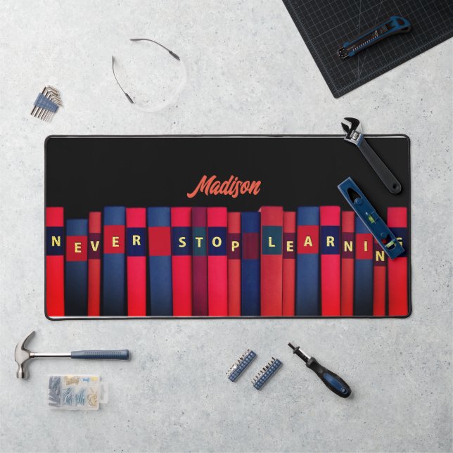 Coloured books, your name, professional desk mat (Workstation)