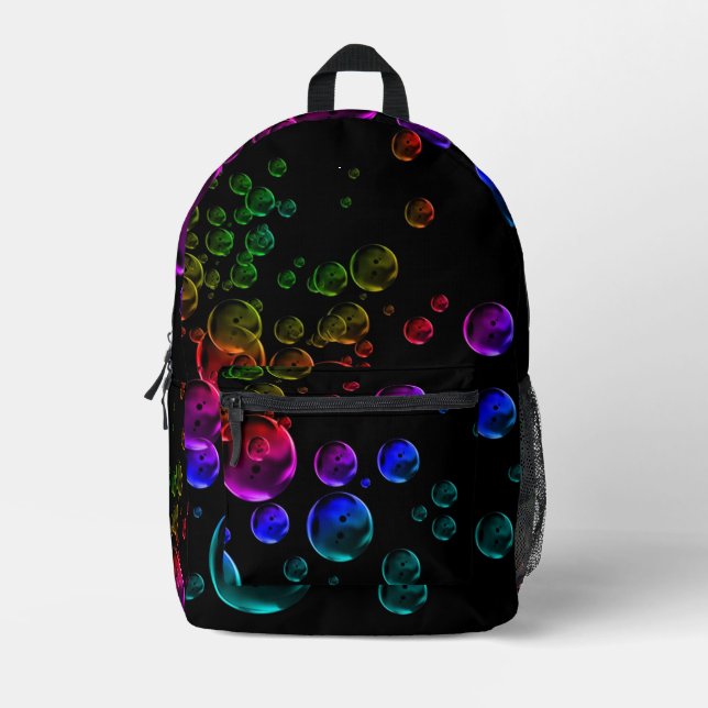Coloured bubbles on black printed backpack (Front)