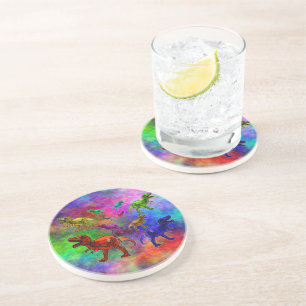 Coloured Dinosaurs on Pastel Background Coaster