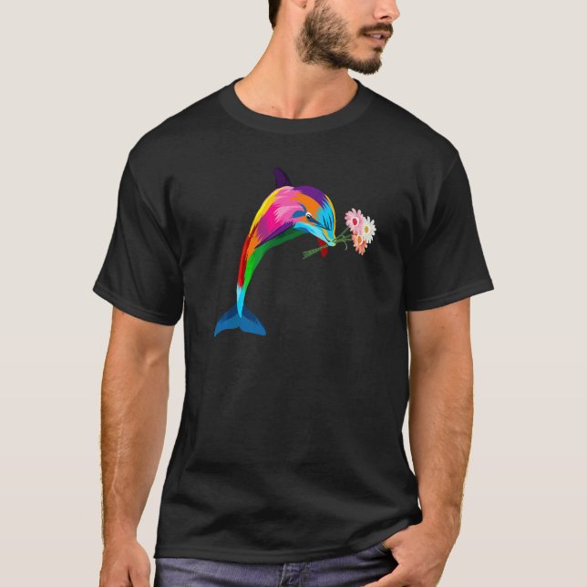 Coloured Dolphin Colourful Dolphin Flowers In Mout T-Shirt (Front)