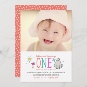 Coloured Doodles 1st Birthday Party Invite   Kitty