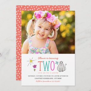 Coloured Doodles 2nd Birthday Party Invite   Kitty