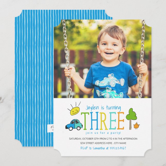 Coloured Doodles 3rd Birthday Party Invite / Car (Front/Back)