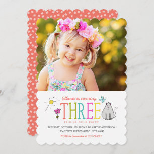 Coloured Doodles 3rd Birthday Party Invite Kitty