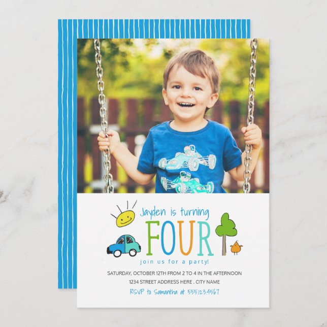 Coloured Doodles 4th Birthday Party Invite / Car (Front/Back)