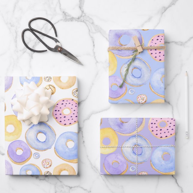 Coloured Doughnuts Pink Purple Yellow Wrapping Paper Sheet (Front)