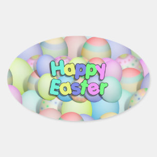 Coloured Easter Eggs - Happy Easter Oval Sticker