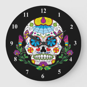 Coloured Flowers Mexican Tattoo Sugar Skull Large Clock