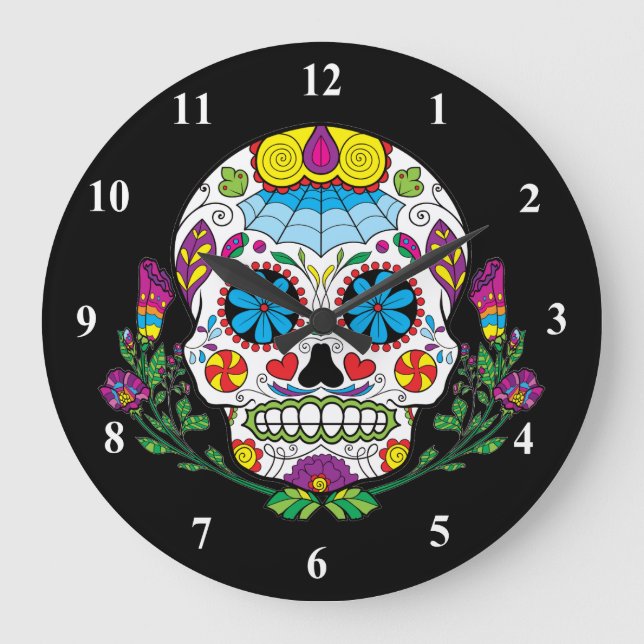 Coloured Flowers Mexican Tattoo Sugar Skull Large Clock (Front)