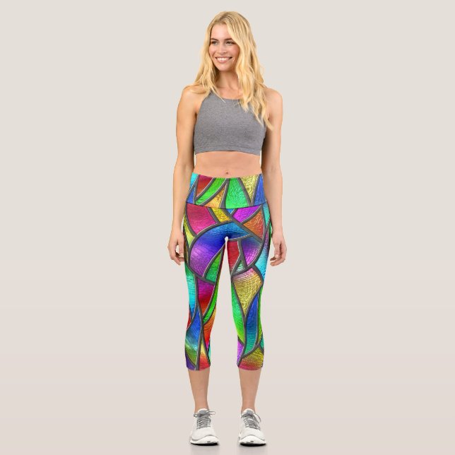 Coloured Glass Pattern 3D Texture Capri Leggings (Front)