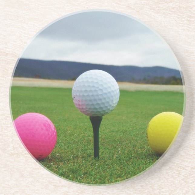 Coloured Golf Balls, mountain tee Coaster (Front)