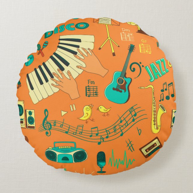 Coloured hand draw music pattern round cushion (Front)