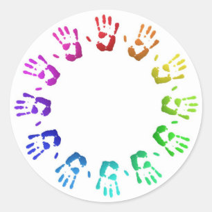Coloured handprints classic round sticker