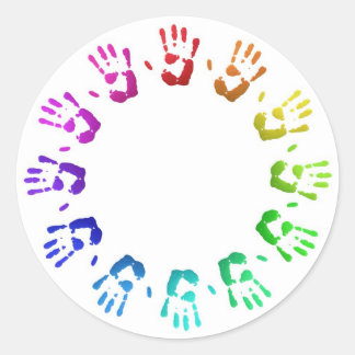 Coloured handprints classic round sticker