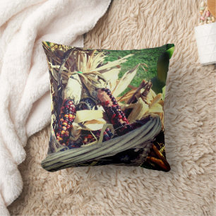 Coloured Indian Corn In Wicker Basket Fall Cushion