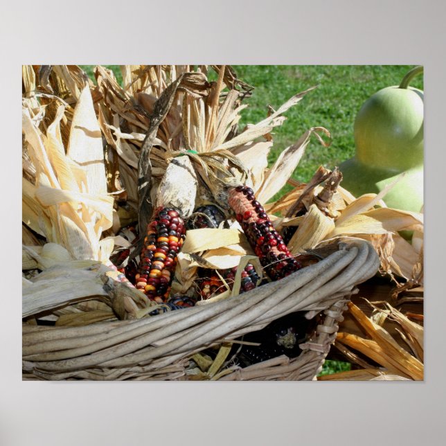 Coloured Indian Corn In Wicker Basket Fall Poster (Front)