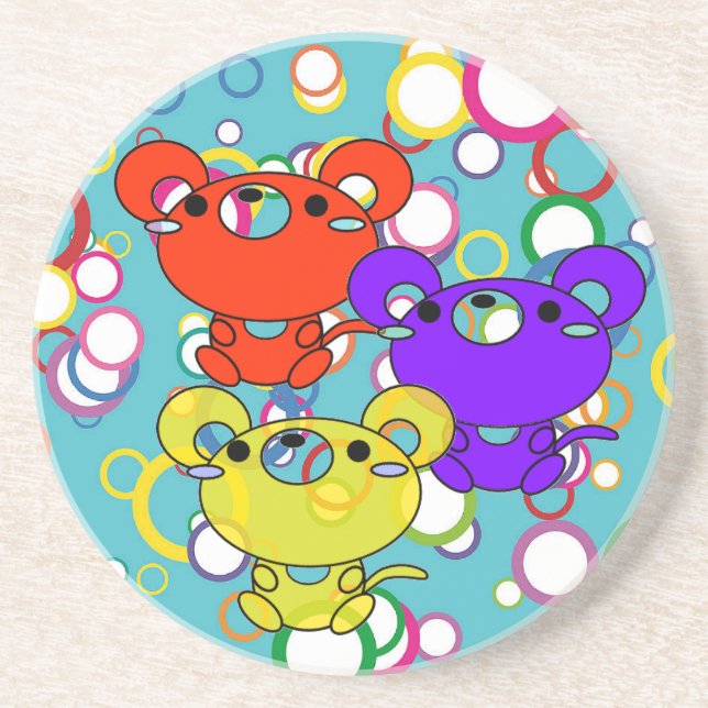 Coloured Kittys on Circles Sandstone Coaster (Front)
