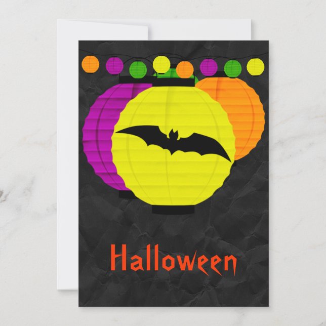 Coloured Lanterns & Black Bat Halloween Invitation (Front)