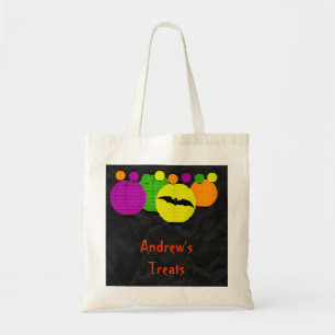 Coloured Lanterns & Black Bat Halloween Treats Tote Bag