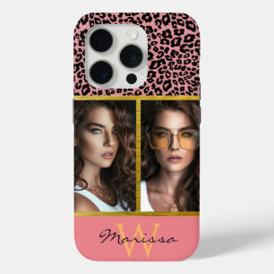 Coloured Leopard Print Photo Collage & Monogram iPhone 15 Pro Case