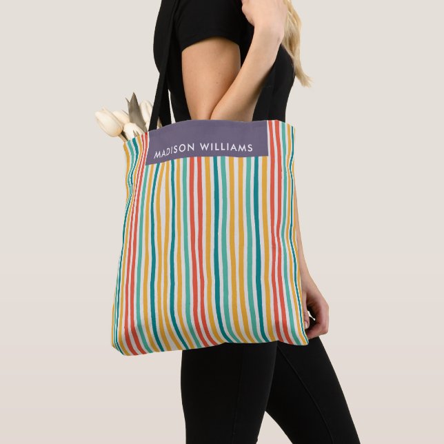 Coloured Lines Vertical Stripes Custom Name Tote Bag (Close Up)