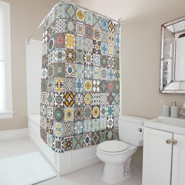 Coloured Moroccan tile Shower Curtain (In Situ)