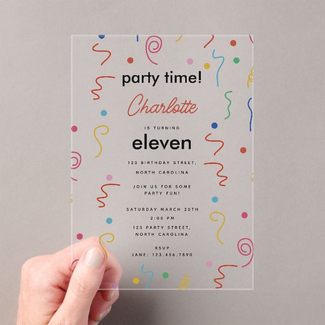 Coloured Party Confetti Birthday Party Time Acrylic Invitations (Insitu (Handheld))
