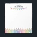 Coloured Pastel Pencils Note From School Teacher<br><div class="desc">A note from School Teacher notepad personalised with the teacher's name above a multi-coloured pastel bunting banner and a row of coloured pencils, some with patterns, in pastel rainbow colours. Kindergarten teacher notepad with pastel pencils and a bunting flag banner in pastel shades of the rainbow, with some patterns like...</div>