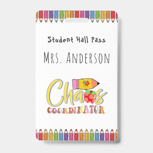 Coloured Pencil Teacher Hall Pass for Classroom ID Badge (Front)