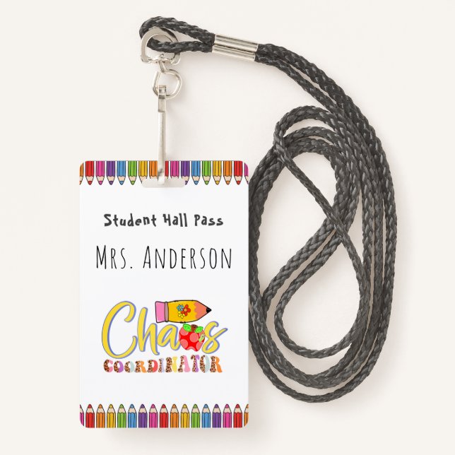 Coloured Pencil Teacher Hall Pass for Classroom ID Badge (Front with Lanyard)