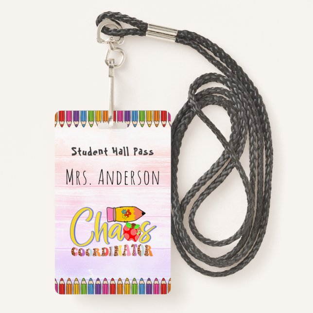 Coloured Pencil Teacher Hall Pass for Classroom ID Badge (Front with Lanyard)
