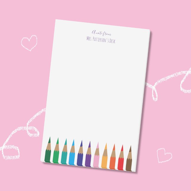 Coloured Pencils Art Teacher Personalised Notes (Art teacher personalized blank post-it notes with the tips of colored pencils at the bottom . )