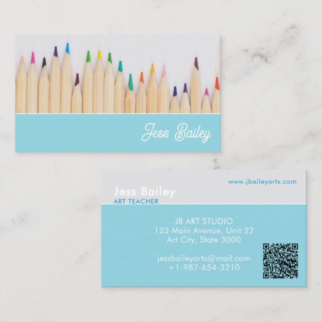 Coloured Pencils Blue Teacher Business Card (Front/Back)