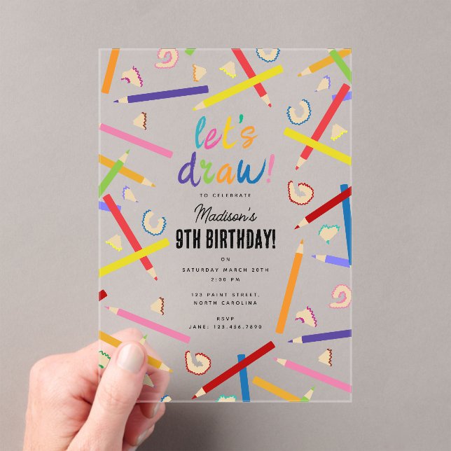 Coloured Pencils Kids Art Birthday Party Acrylic Invitations (Insitu (Handheld))