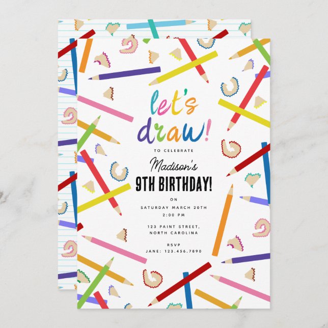 Coloured Pencils Kids Art Birthday Party Invitation (Front/Back)
