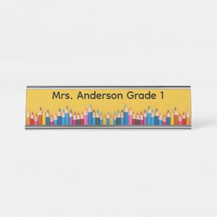Coloured Pencils on School Bus Yellow Personalise  Desk Name Plate