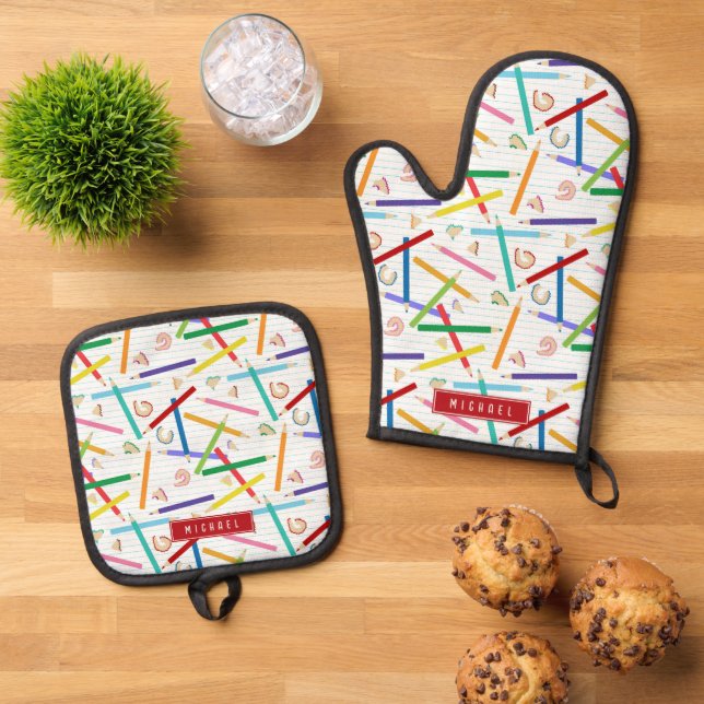 Coloured Pencils Pattern Kids Cooking Oven Mitt & Pot Holder Set (Top Down)