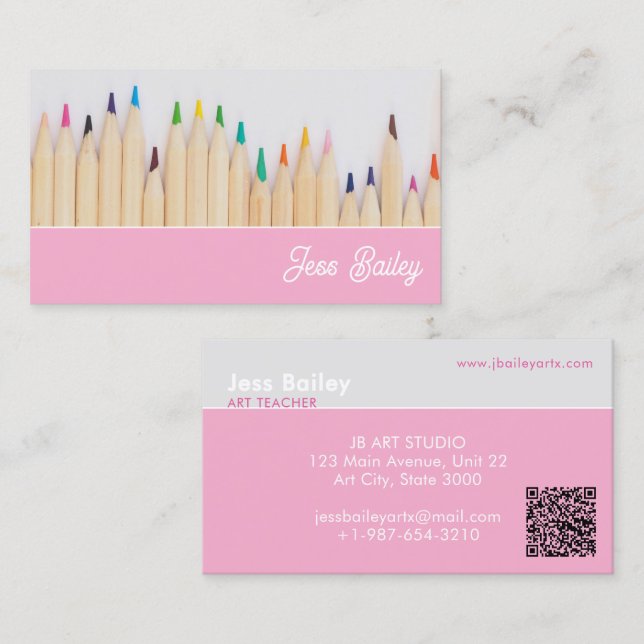 Coloured Pencils Pink Teacher Business Card (Front/Back)