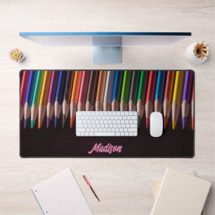 Coloured pencils, your name, professional desk mat