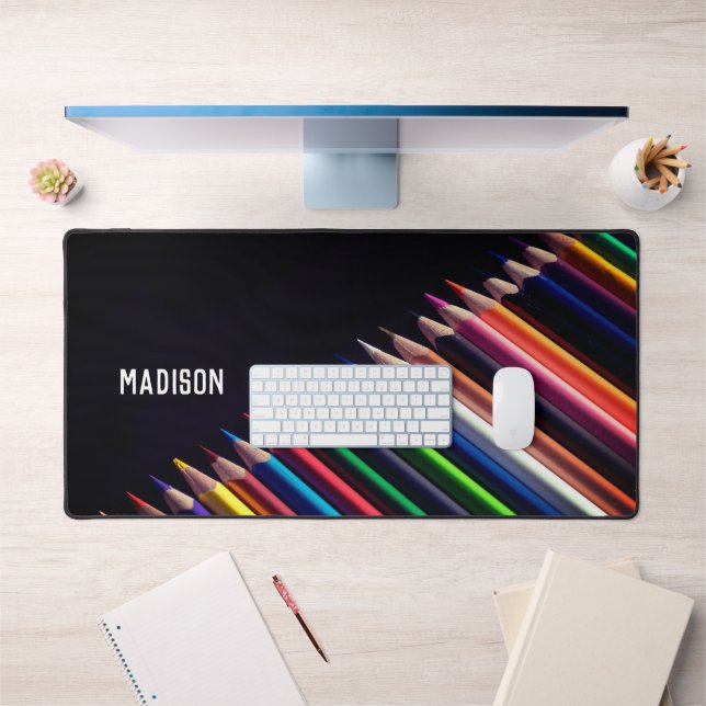 Coloured pencils, your name, professional desk mat (Office 1)
