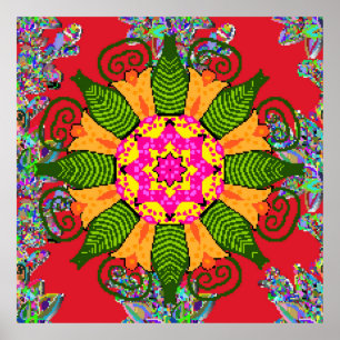 Coloured round floral mandala on a red, green and poster