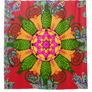 Coloured round floral mandala on a red, green and shower curtain