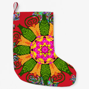Coloured round floral mandala on a red, green and small christmas stocking