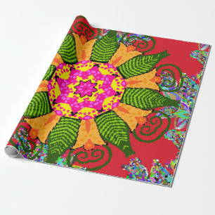 Coloured round floral mandala on a red, green and wrapping paper