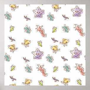 Coloured sealife pattern with seastars and fishes  poster