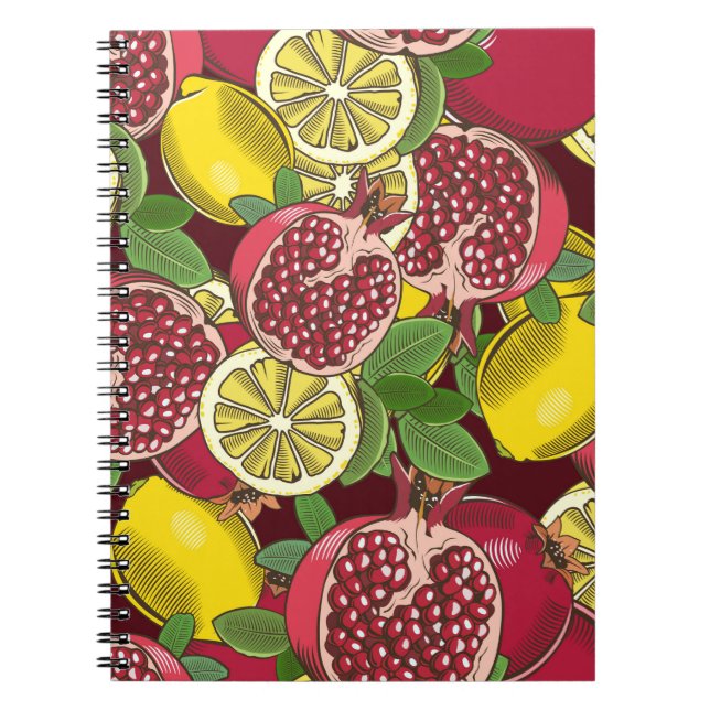Coloured seamless pattern with pomegranates and le notebook (Front)