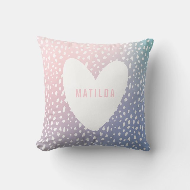 Coloured spot print with heart personalised cushion (Front)
